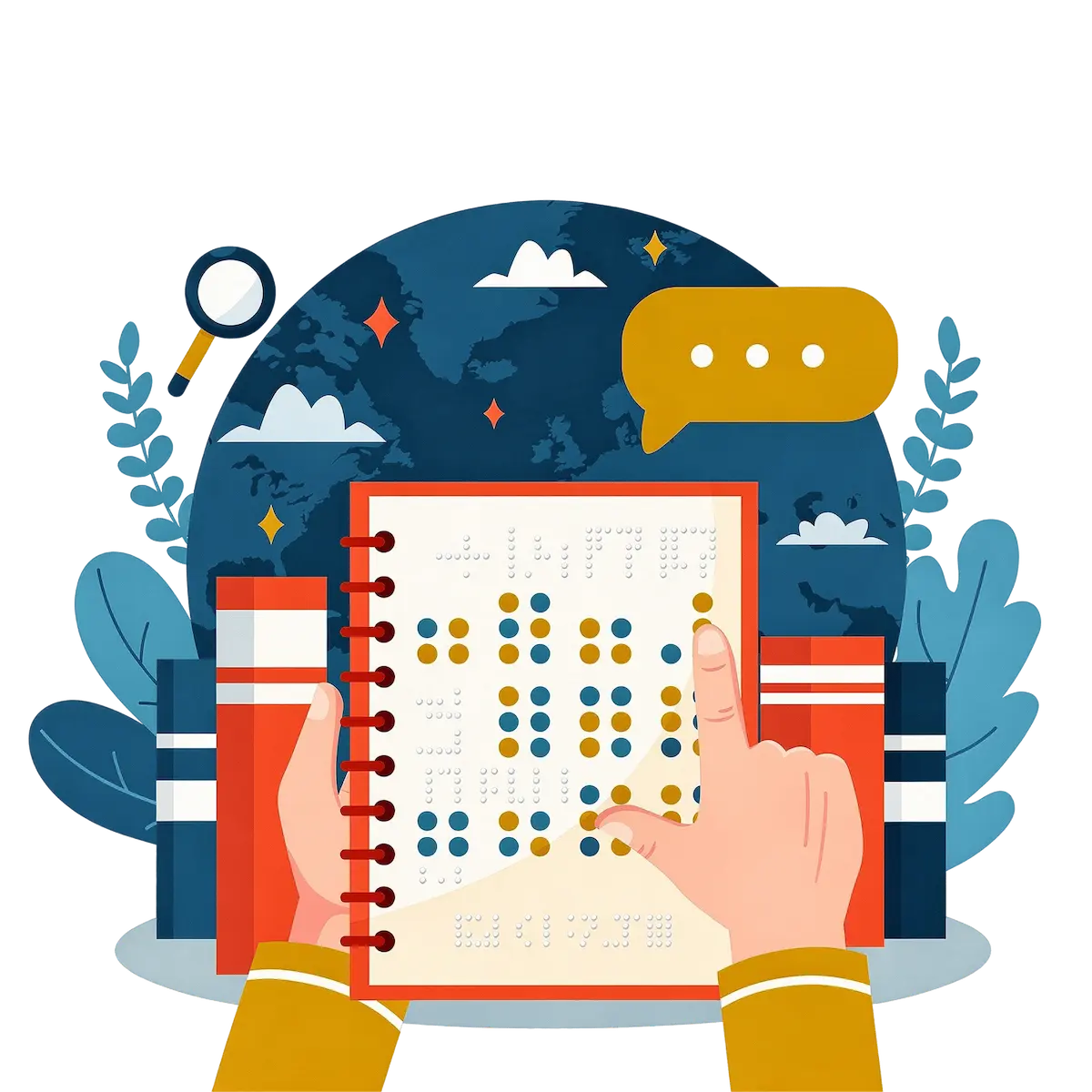 Ilustración de una persona leyendo un documento en braille con las manos, rodeado de libros y elementos de comunicación accesible.