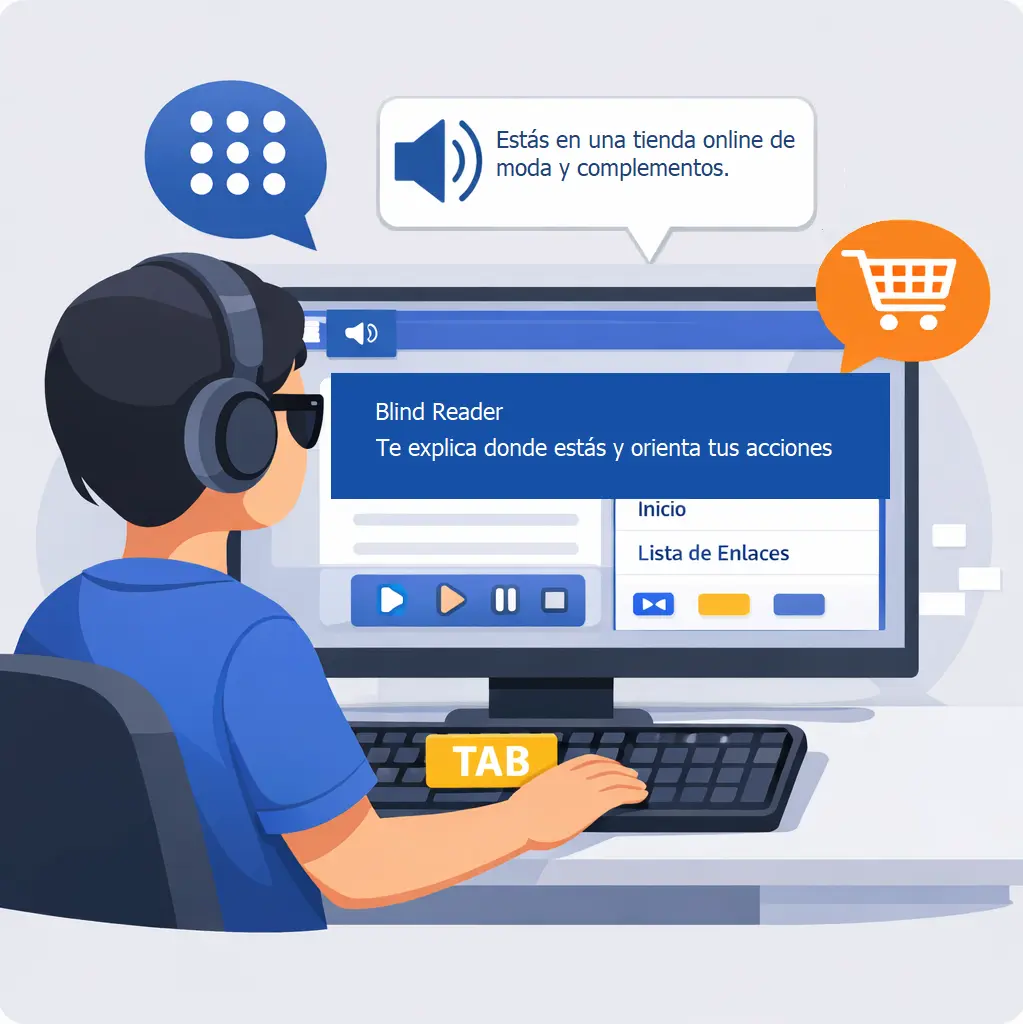 Ilustración de Blind Reader mostrando un mensaje que explica al usuario que está en una tienda online de moda y complementos, mientras una persona con auriculares navega usando el teclado.