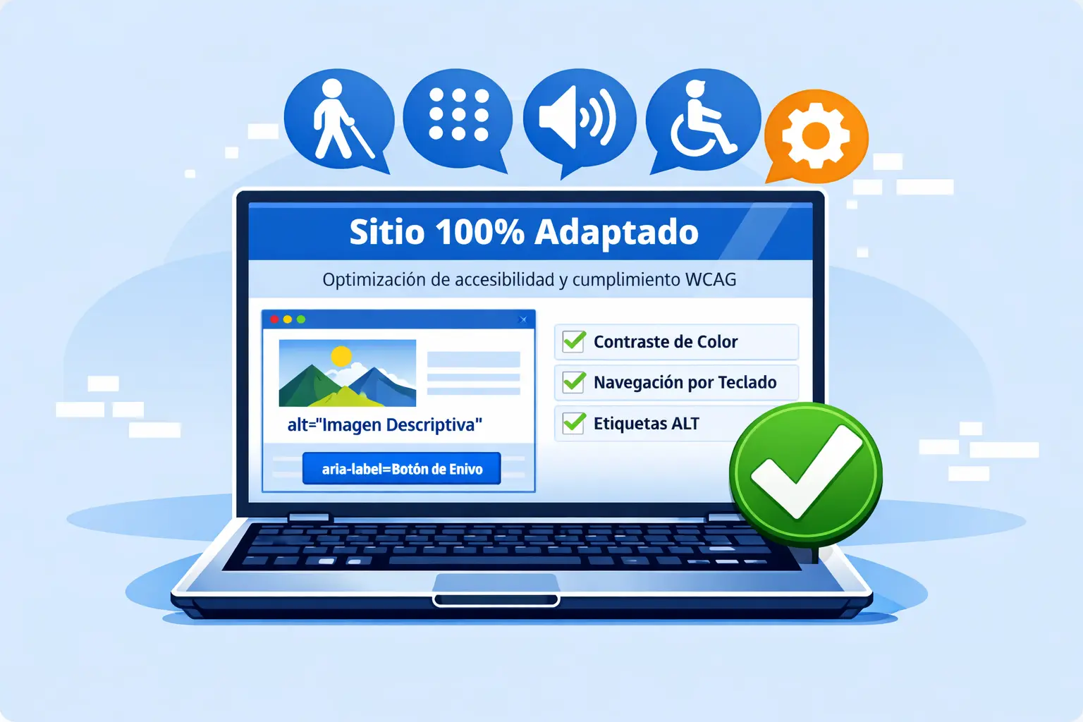 Ilustración de una web adaptada para accesibilidad con iconos de inclusión, contraste de color y navegación accesible.