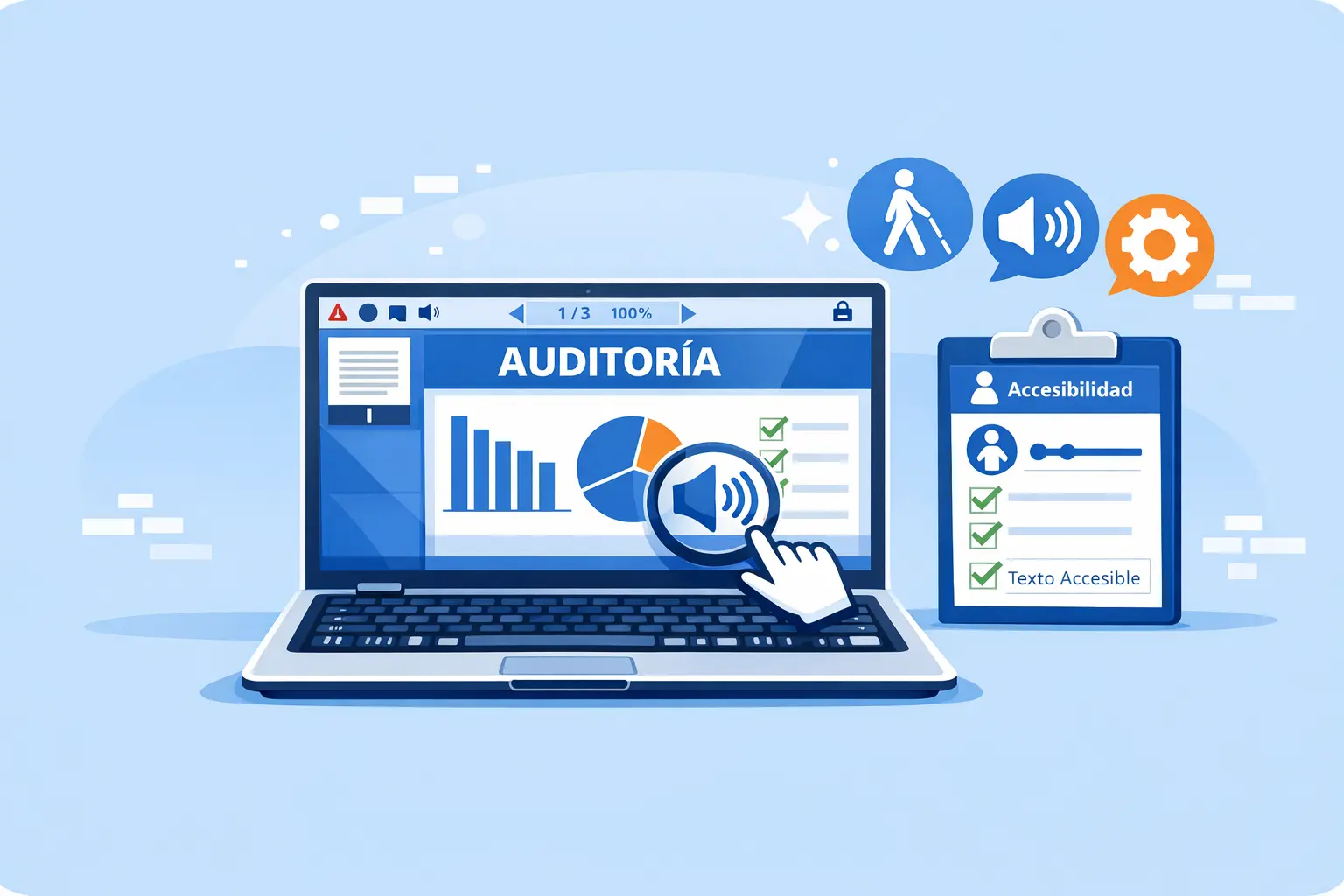 Ilustración de una auditoría de accesibilidad para sitios web con análisis WCAG, accesibilidad visual y revisión de contenido accesible.”